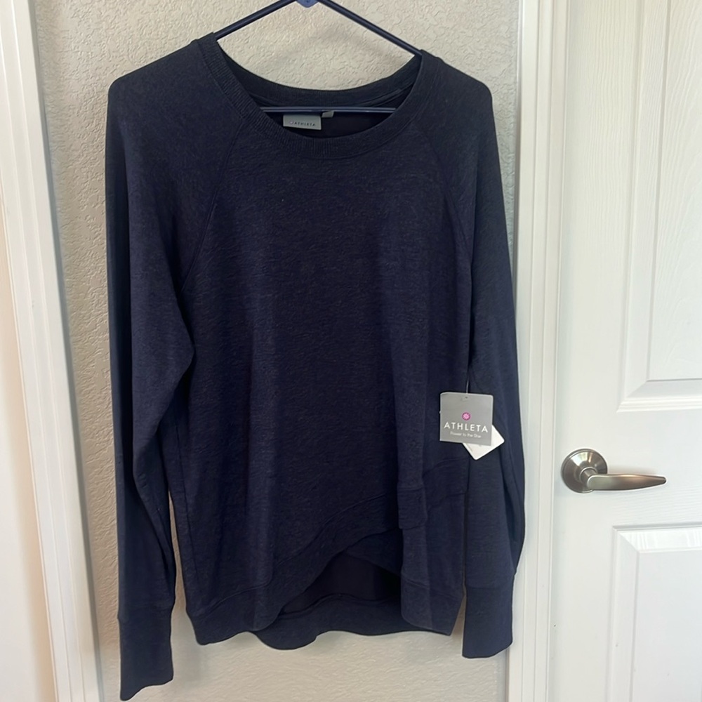 Athleta sweatshirt size L NWT criss cross blue grey no thumb holes super soft